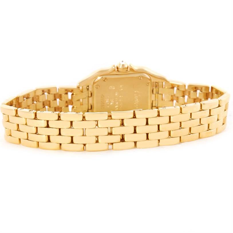 This image shows the back view of the Panthere model watch by Cartier, highlighting its gold bracelet and case back.