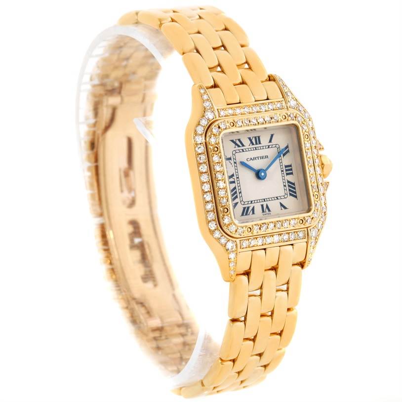 This image shows a Cartier Panthere WF3072B9 Women's Yellow Gold Silver Dial WF3072B9 Women's Yellow Gold Silver Dial model watch at a three-quarter angle, highlighting the face, bezel, and bracelet.