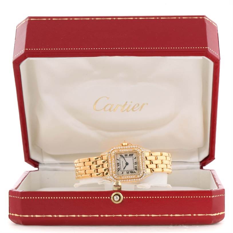 The image shows a Cartier Panthere WF3072B9 Women's Yellow Gold Silver Dial WF3072B9 Women's Yellow Gold Silver Dial watch in its open red and white Cartier box, viewed from the front.