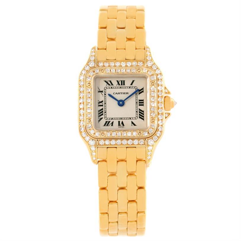 The image shows a frontal view of a Cartier Panthere WF3072B9 Women's Yellow Gold Silver Dial WF3072B9 Women's Yellow Gold Silver Dial watch, highlighting its gold bracelet, diamond-encrusted bezel, and Roman numeral dial.