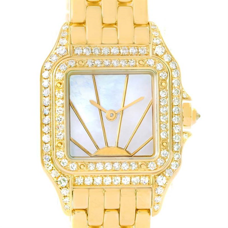 This image shows a head-on view of the Cartier Panthere watch, highlighting its gold case, diamond bezel, and bracelet.