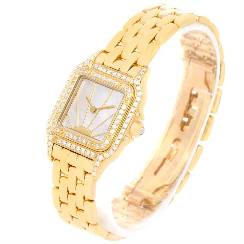 The image shows a Cartier Panthere 8057915 Women's Yellow Gold Mother of Pearl Dial 8057915 Women's Yellow Gold Mother of Pearl Dial model watch angled to display the face, band, and part of the clasp, featuring a gold finish with diamond accents.