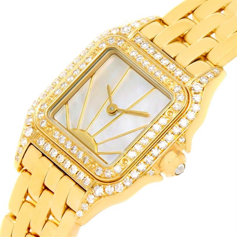 The image shows a close-up of the Cartier Panthere 8057915 Women's Yellow Gold Mother of Pearl Dial 8057915 Women's Yellow Gold Mother of Pearl Dial watch face and part of the bracelet, highlighting its gold finish and diamond bezel.