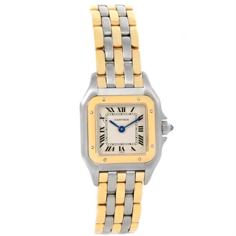 This image shows a front view of the Cartier Panthere W25029B6 Women's Stainless Steel Beige Dial W25029B6 Women's Stainless Steel Beige Dial watch, highlighting its face and two-tone metal band.