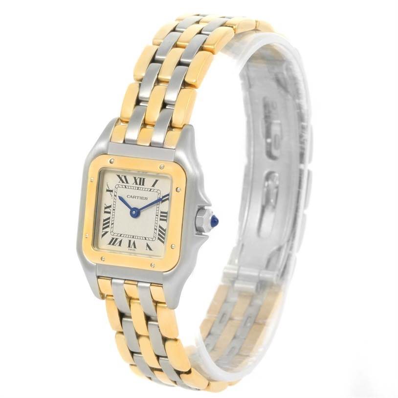 The image shows a Cartier Panthere W25029B6 Women's Stainless Steel Beige Dial W25029B6 Women's Stainless Steel Beige Dial watch at an oblique angle, highlighting its two-tone bracelet and square face with Roman numerals.