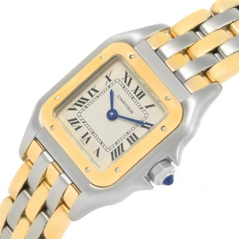 The Cartier Panthere W25029B6 Women's Stainless Steel Beige Dial W25029B6 Women's Stainless Steel Beige Dial watch is shown at a slight angle, highlighting its face, Roman numeral markers, blue hands, bezel, and two-tone bracelet.