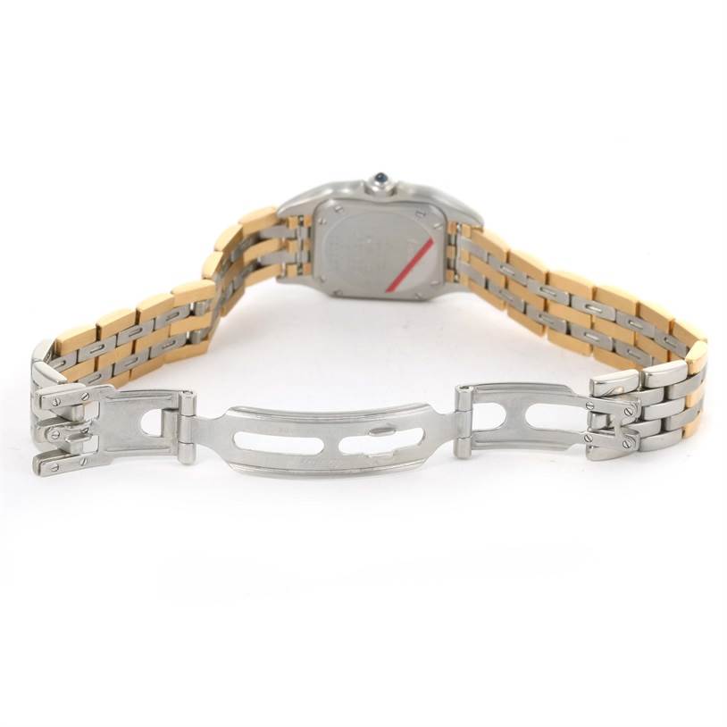 This image shows the back view of a Cartier Panthere W25029B6 Women's Stainless Steel Beige Dial W25029B6 Women's Stainless Steel Beige Dial watch, focusing on its two-tone bracelet and open clasp.