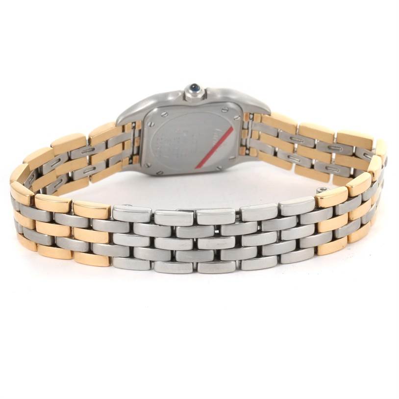 This image shows the back view of the Panthere model by Cartier, highlighting its two-tone metal bracelet and case back.