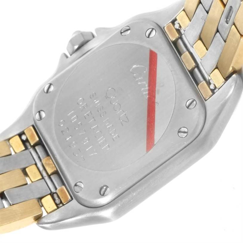 The image shows the back case and part of the two-toned bracelet of the Cartier Panthere W25029B6 Women's Stainless Steel Beige Dial W25029B6 Women's Stainless Steel Beige Dial watch from an angled perspective.
