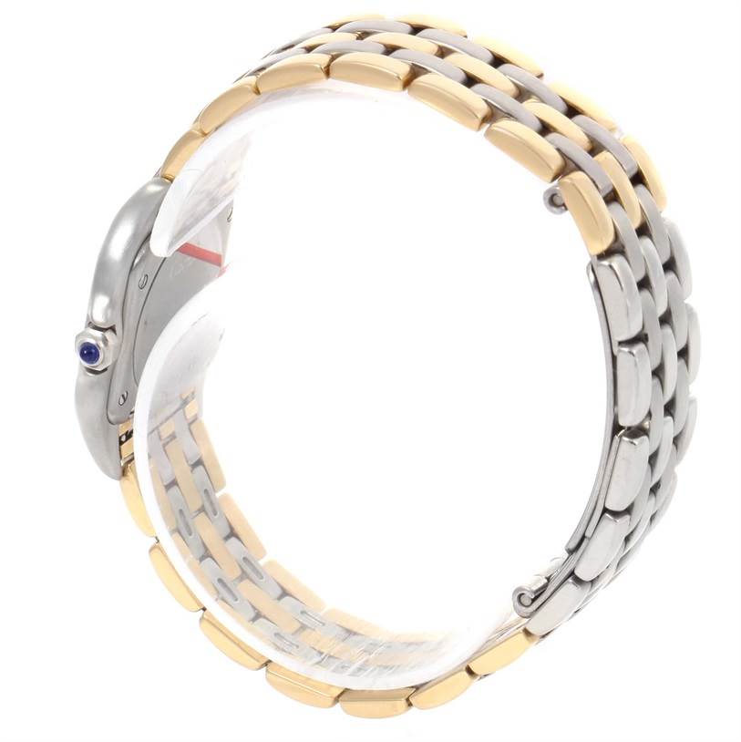 This image shows the side view of a Cartier Panthere W25029B6 Women's Stainless Steel Beige Dial W25029B6 Women's Stainless Steel Beige Dial model watch, highlighting its two-tone bracelet and part of the case.