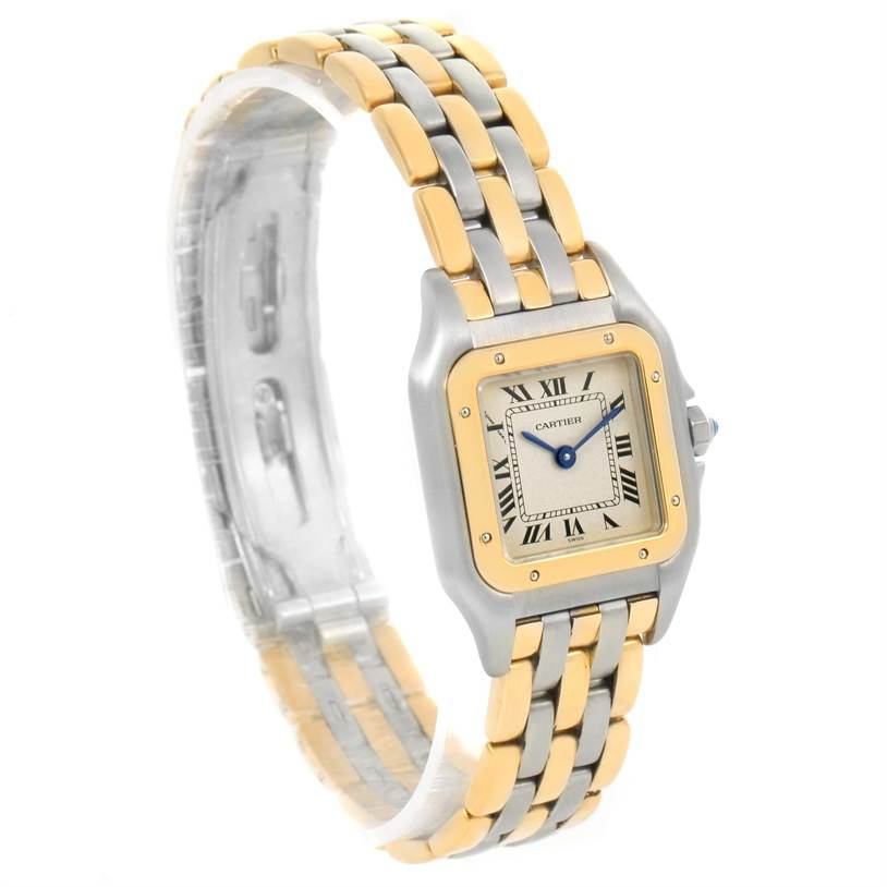The Cartier Panthere W25029B6 Women's Stainless Steel Beige Dial W25029B6 Women's Stainless Steel Beige Dial watch is shown at an angle, highlighting its two-tone bracelet, square face with Roman numerals, and blue hands.
