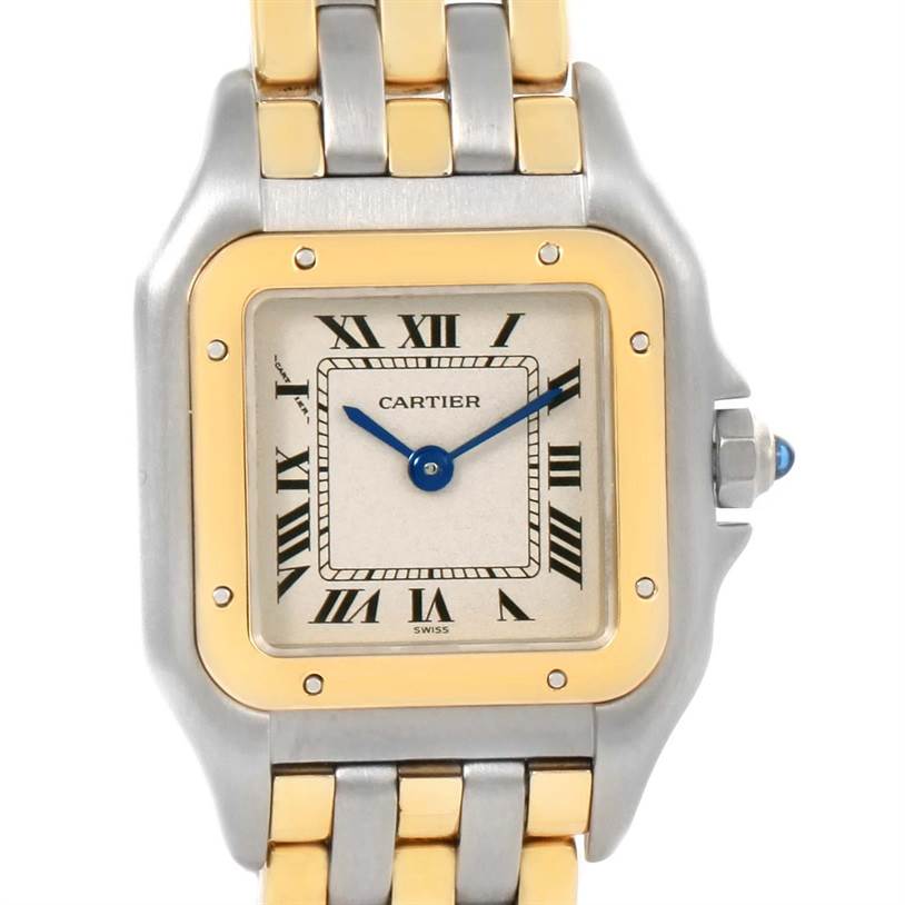 The image shows a close-up front view of the Cartier Panthere W25029B6 Women's Stainless Steel Beige Dial W25029B6 Women's Stainless Steel Beige Dial watch, highlighting its two-tone bracelet, Roman numeral dial, and blue hands.