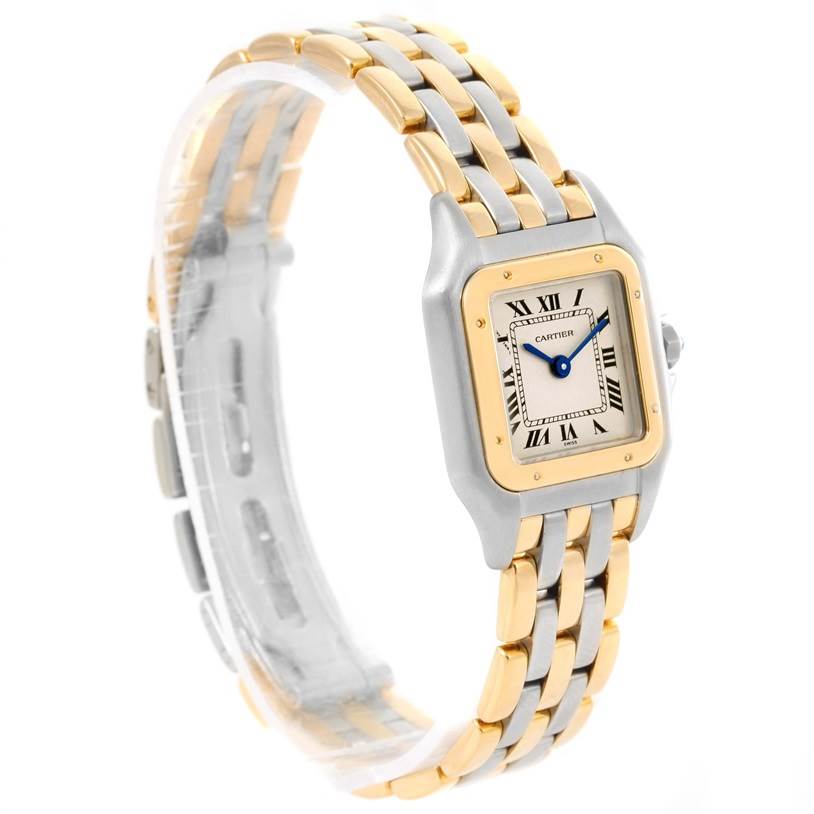 The image shows a front-side angle of a Cartier Panthere W25029B6 Women's Stainless Steel Beige Dial W25029B6 Women's Stainless Steel Beige Dial watch, highlighting the face, bezel, and two-tone bracelet.