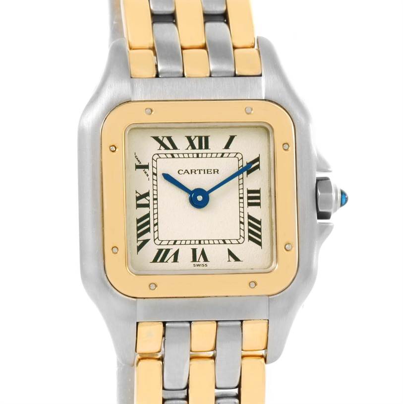 The image shows a close-up, front view of the Cartier Panthere W25029B6 Women's Stainless Steel Beige Dial W25029B6 Women's Stainless Steel Beige Dial watch, highlighting its gold and silver case and bracelet.