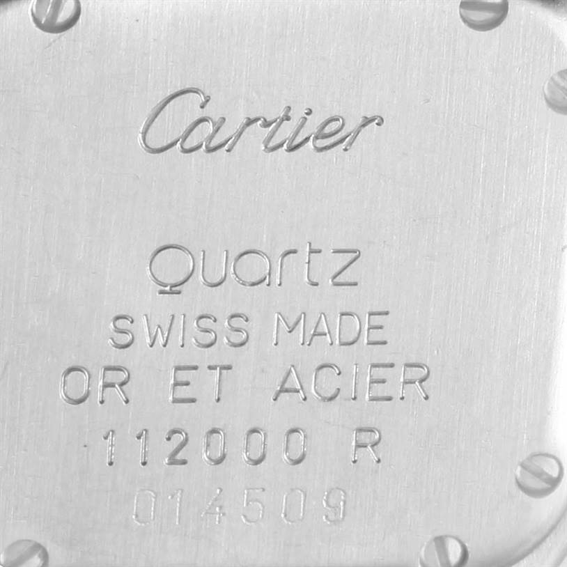 The image shows the case back of a Cartier Panthere W25029B6 Women's Stainless Steel Beige Dial W25029B6 Women's Stainless Steel Beige Dial model watch, displaying engraved details about the watch's specifications.