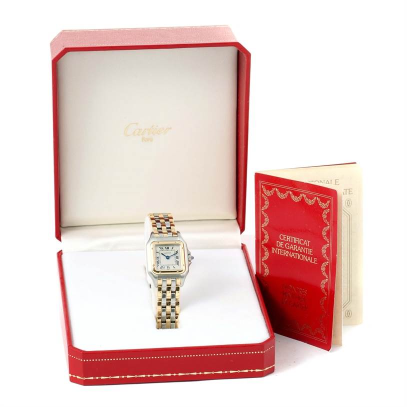 The image shows a Cartier Panthere W25029B6 Women's Stainless Steel Beige Dial W25029B6 Women's Stainless Steel Beige Dial watch in its box with the warranty certificate beside it.