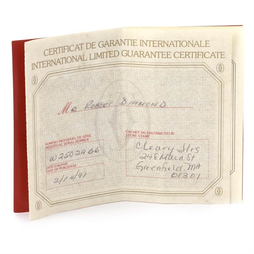 The image shows an International Limited Guarantee Certificate for the Cartier Panthere W25029B6 Women's Stainless Steel Beige Dial W25029B6 Women's Stainless Steel Beige Dial watch, partially opened.