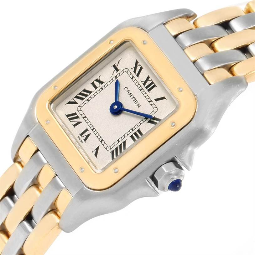 The image shows an oblique view of a Cartier Panthere W25029B6 Women's Stainless Steel Beige Dial W25029B6 Women's Stainless Steel Beige Dial watch, highlighting the two-tone bracelet and square face with Roman numerals.