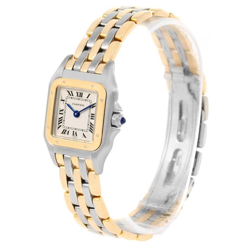 The image shows a frontal angled view of a Cartier Panthere model watch, highlighting its face and two-tone band.