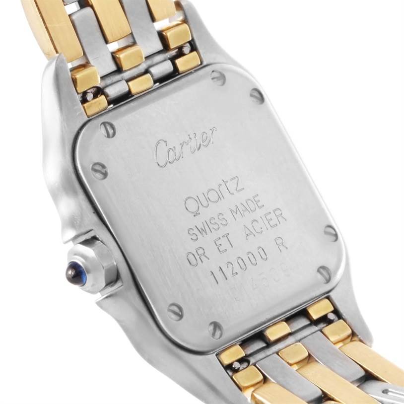 The image shows the case back, two-tone bracelet, and crown of a Cartier Panthere W25029B6 Women's Stainless Steel Beige Dial W25029B6 Women's Stainless Steel Beige Dial watch at an angle.