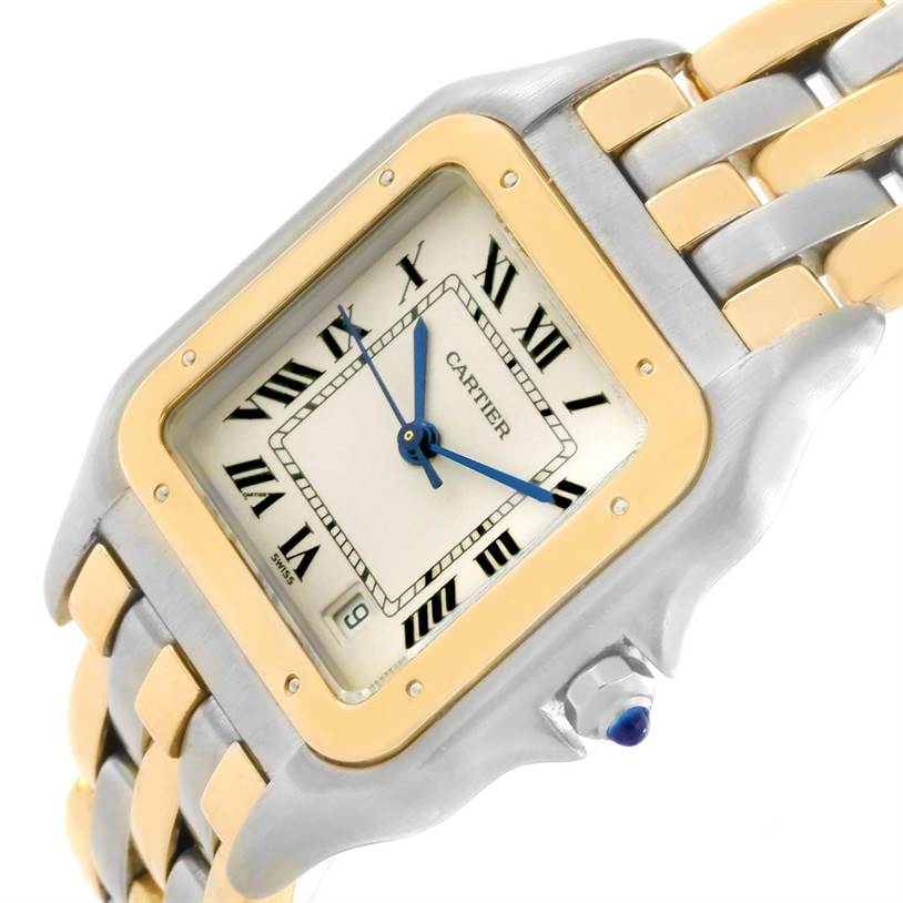 The image shows a close-up angle of the Cartier Panthère watch, highlighting its dial, bezel, and part of the bracelet.