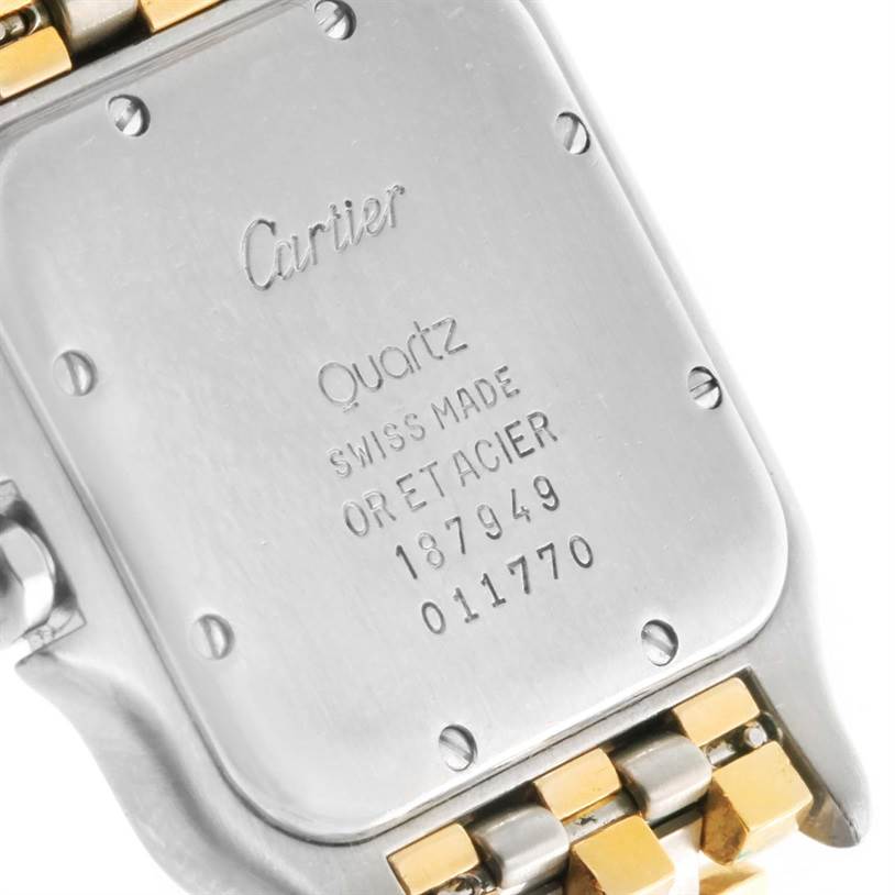 The image shows the back side of the Cartier Panthere W25028B6 Women's Steel and Gold (two tone) Silver Dial W25028B6 Women's Steel and Gold (two tone) Silver Dial model watch, featuring the brand name, movement type, and serial number.