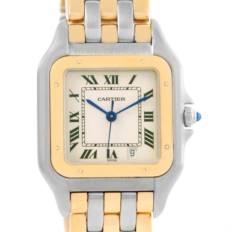 This image shows a Cartier Panthere W25028B6 Women's Steel and Gold (two tone) Silver Dial W25028B6 Women's Steel and Gold (two tone) Silver Dial watch face, bezel, and part of the band from a front angle.