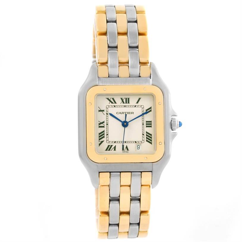 This image shows a frontal view of the Cartier Panthere W25028B6 Women's Steel and Gold (two tone) Silver Dial W25028B6 Women's Steel and Gold (two tone) Silver Dial watch, highlighting its dual-tone bracelet and square face with Roman numerals.