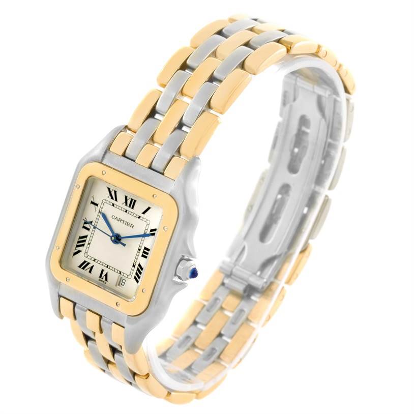 This image shows a Cartier Panthere W25028B6 Women's Steel and Gold (two tone) Silver Dial W25028B6 Women's Steel and Gold (two tone) Silver Dial watch at a three-quarter angle, displaying its two-tone bracelet and square face with Roman numeral markers.