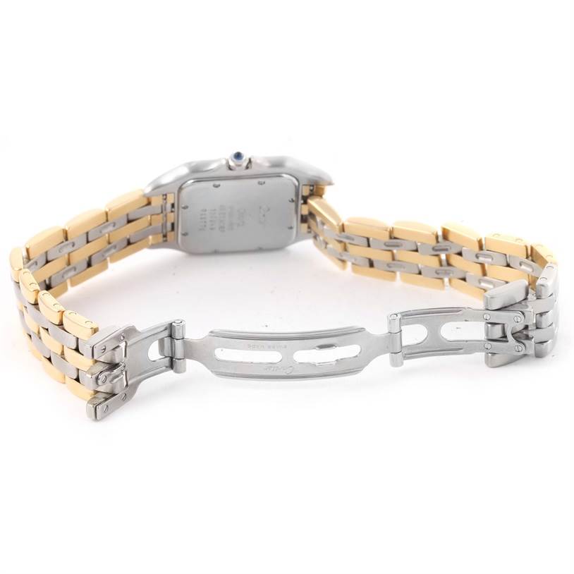 The image shows the back and inside of the band of a Cartier Panthere W25028B6 Women's Steel and Gold (two tone) Silver Dial W25028B6 Women's Steel and Gold (two tone) Silver Dial watch, featuring a two-tone metal link bracelet and clasp.