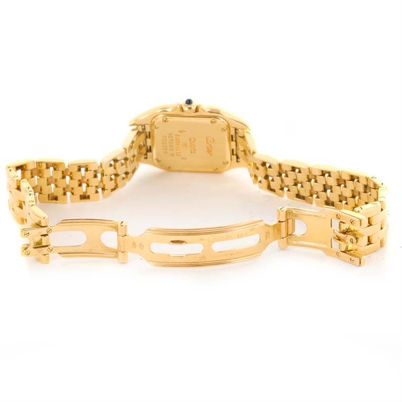 The image shows the back view of the Cartier Panthere W25022B9 Women's Yellow Gold Silver Dial W25022B9 Women's Yellow Gold Silver Dial watch, including the case, bracelet, and clasp.