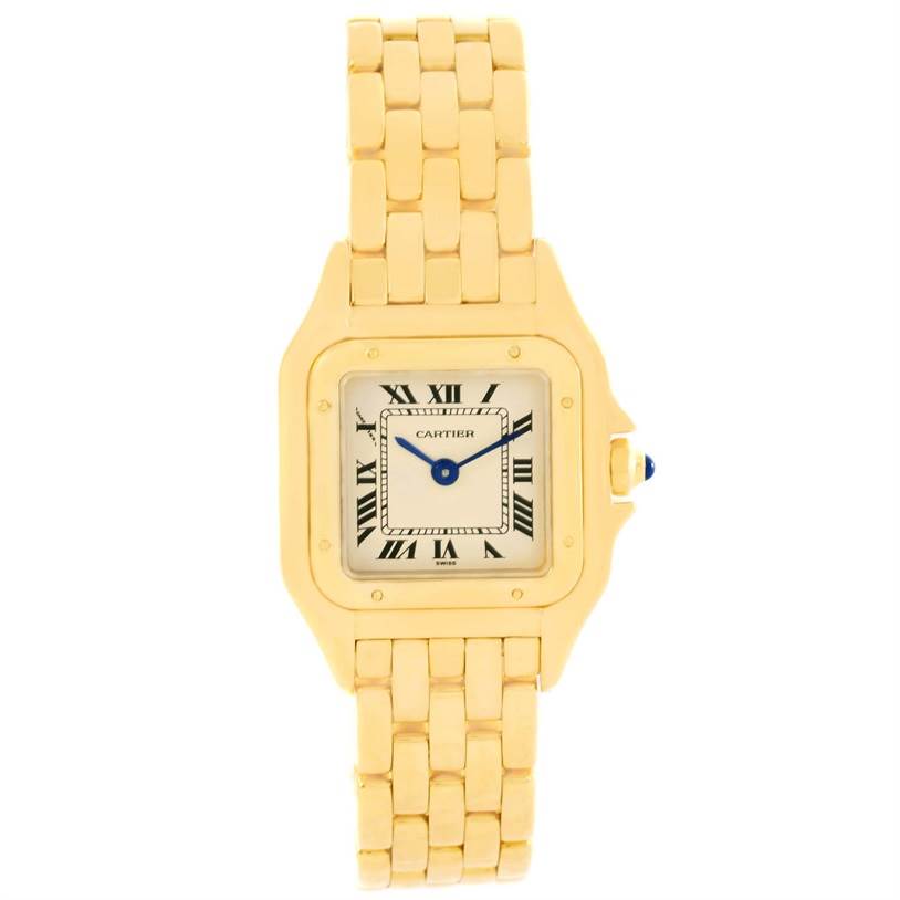 This image shows a front view of the Cartier Panthere W25022B9 Women's Yellow Gold Silver Dial W25022B9 Women's Yellow Gold Silver Dial model watch, featuring its gold bracelet and square face with Roman numerals.