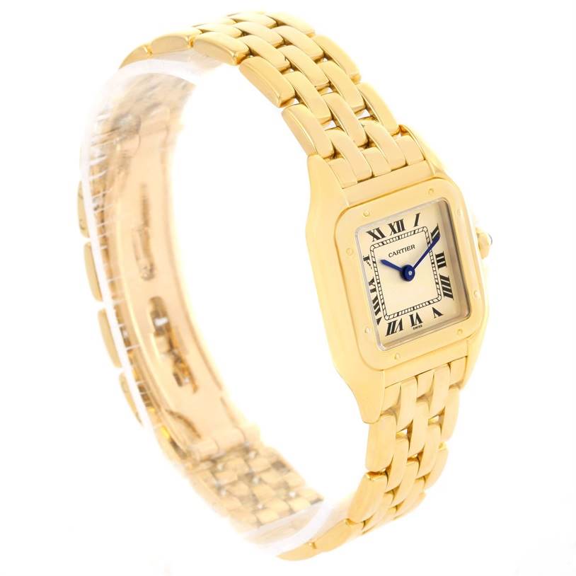 The image shows a Cartier Panthere W25022B9 Women's Yellow Gold Silver Dial W25022B9 Women's Yellow Gold Silver Dial watch at a side angle, highlighting the gold bracelet and rectangular face.