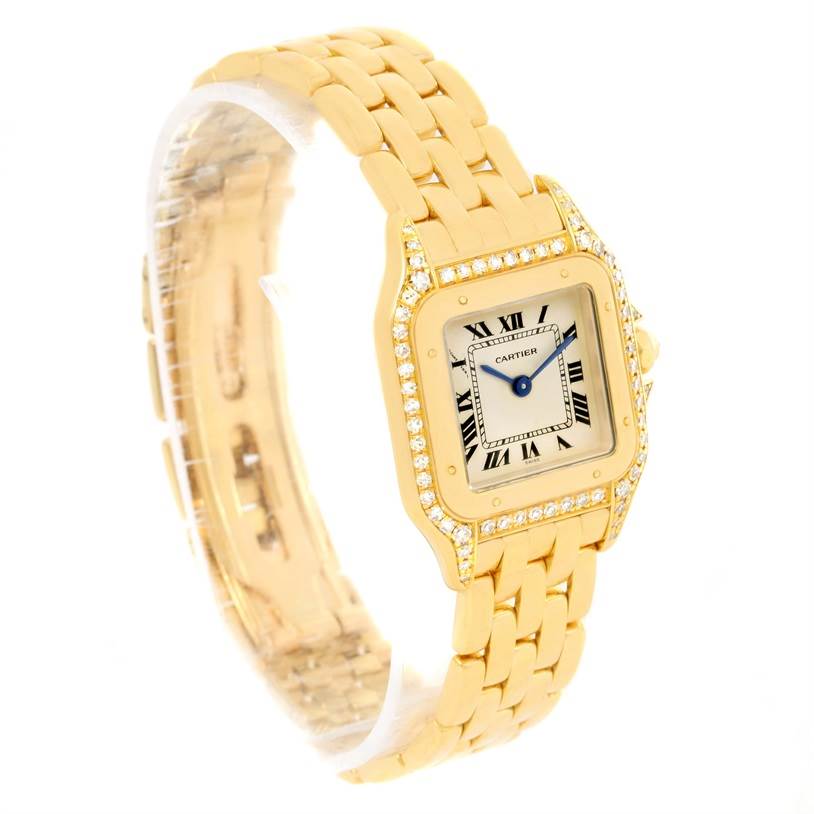 This image shows a Cartier Panthere W25022B9 Women's Yellow Gold Silver Dial W25022B9 Women's Yellow Gold Silver Dial watch at a three-quarter angle, highlighting its gold bracelet, square face, and diamond bezel.