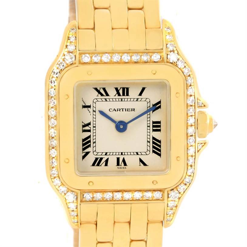 The image shows a close-up of the Cartier Panthere W25022B9 Women's Yellow Gold Silver Dial W25022B9 Women's Yellow Gold Silver Dial watch face, bezel with diamonds, and part of the gold bracelet.