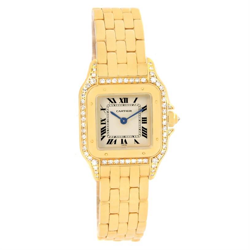 The Cartier Panthere W25022B9 Women's Yellow Gold Silver Dial W25022B9 Women's Yellow Gold Silver Dial watch is shown from a top-down angle, highlighting its gold band, square face, and diamond-studded bezel.