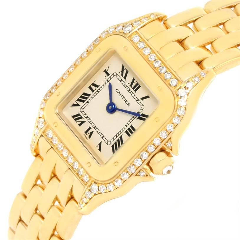 The image shows a close-up view of the dial and bracelet of the Cartier Panthere W25022B9 Women's Yellow Gold Silver Dial W25022B9 Women's Yellow Gold Silver Dial watch.