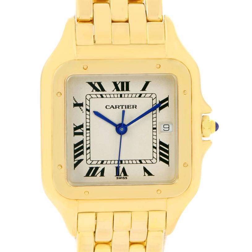 The image shows a front view of the Cartier Panthere W25014B9 Yellow Gold Silver Dial W25014B9 Yellow Gold Silver Dial watch, highlighting its gold case, bracelet, and Roman numeral dial.