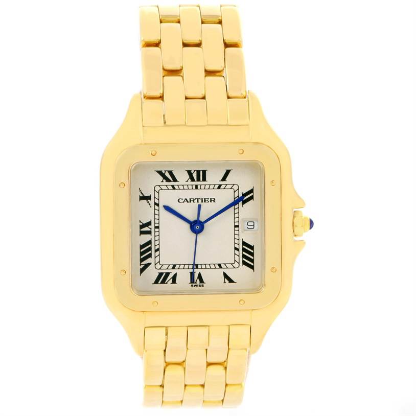 The image shows a Cartier Panthere W25014B9 Yellow Gold Silver Dial W25014B9 Yellow Gold Silver Dial watch from a front angle, highlighting the face, bezel, and metal bracelet.