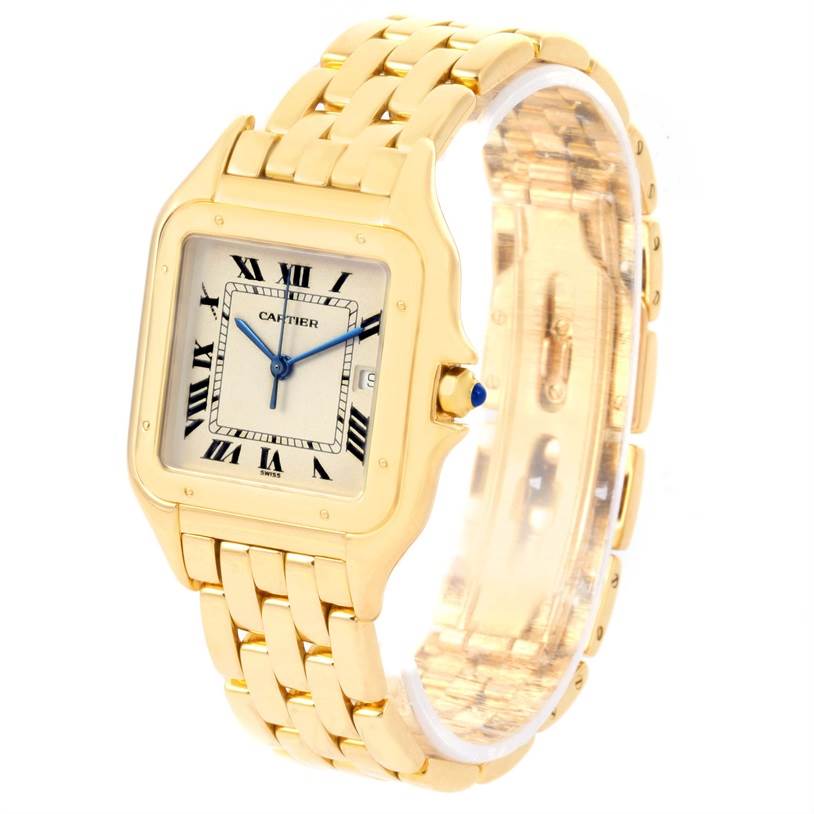 The image shows a Cartier Panthere W25014B9 Yellow Gold Silver Dial W25014B9 Yellow Gold Silver Dial watch from an angled top view, highlighting its gold bracelet and square face with Roman numerals.