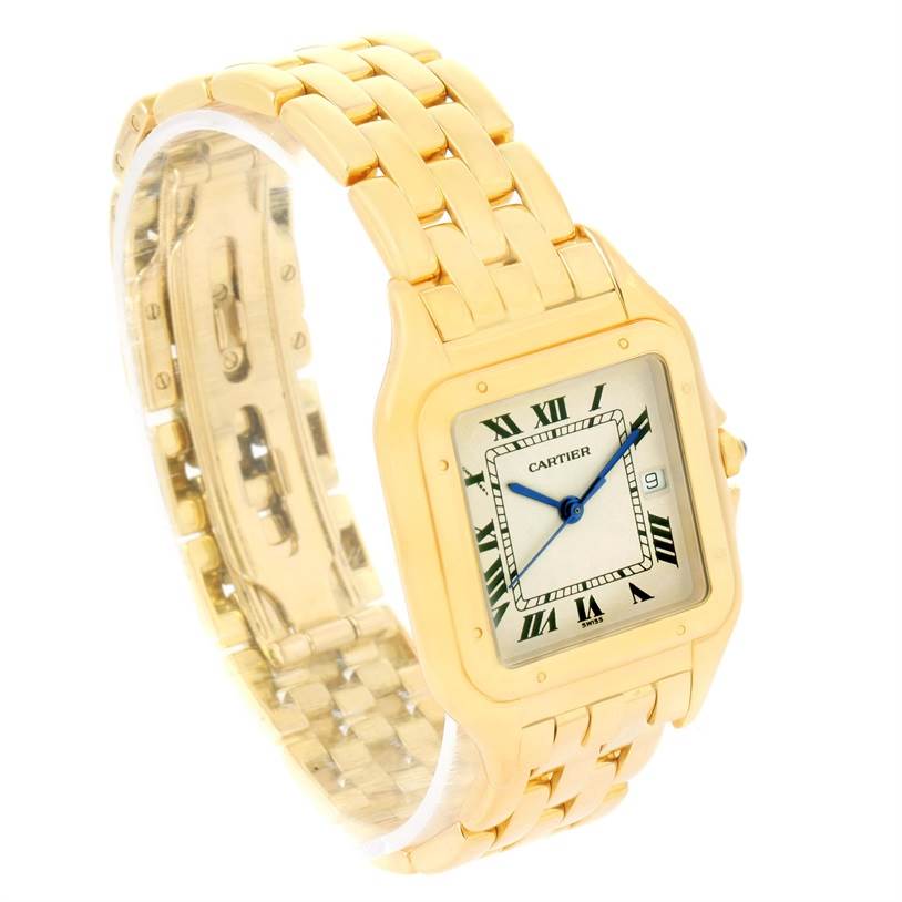 The Cartier Panthere W25014B9 Yellow Gold Silver Dial W25014B9 Yellow Gold Silver Dial watch is shown at a three-quarter angle highlighting its gold bracelet, dial, and octagonal crown.