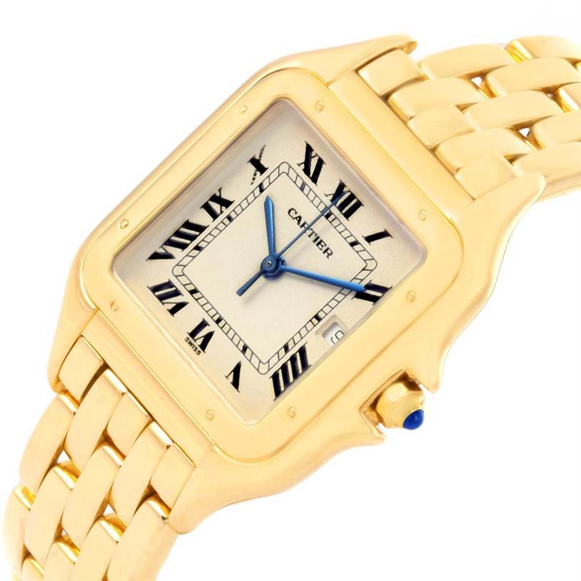 This image shows a close-up angle of the face and partial bracelet of the Cartier Panthere W25014B9 Yellow Gold Silver Dial W25014B9 Yellow Gold Silver Dial watch.