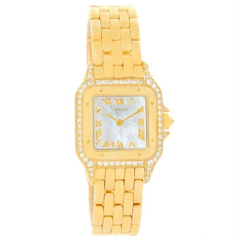 This Cartier Panthere W25022B9 Women's Yellow Gold Mother of Pearl Dial W25022B9 Women's Yellow Gold Mother of Pearl Dial model watch is shown from a front angle, displaying its face, bezel, and part of the bracelet.