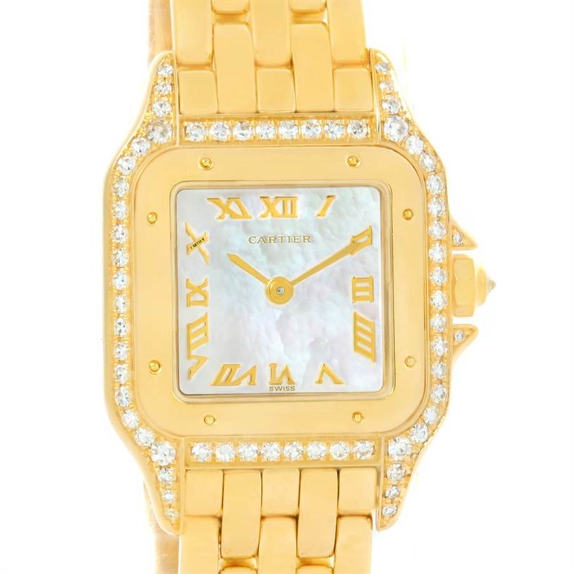 The image shows a front view of the Cartier Panthere W25022B9 Women's Yellow Gold Mother of Pearl Dial W25022B9 Women's Yellow Gold Mother of Pearl Dial watch, displaying its dial, bezel, and part of the bracelet.