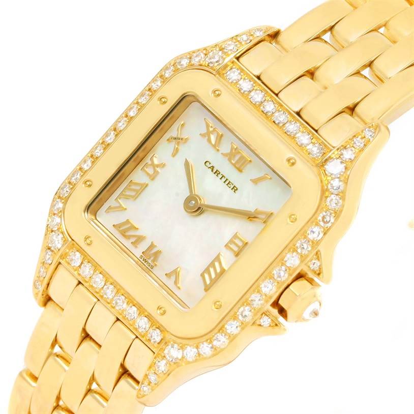 The image shows a close-up of the Cartier Panthere W25022B9 Women's Yellow Gold Mother of Pearl Dial W25022B9 Women's Yellow Gold Mother of Pearl Dial watch face and part of the gold bracelet band, including diamond accents.