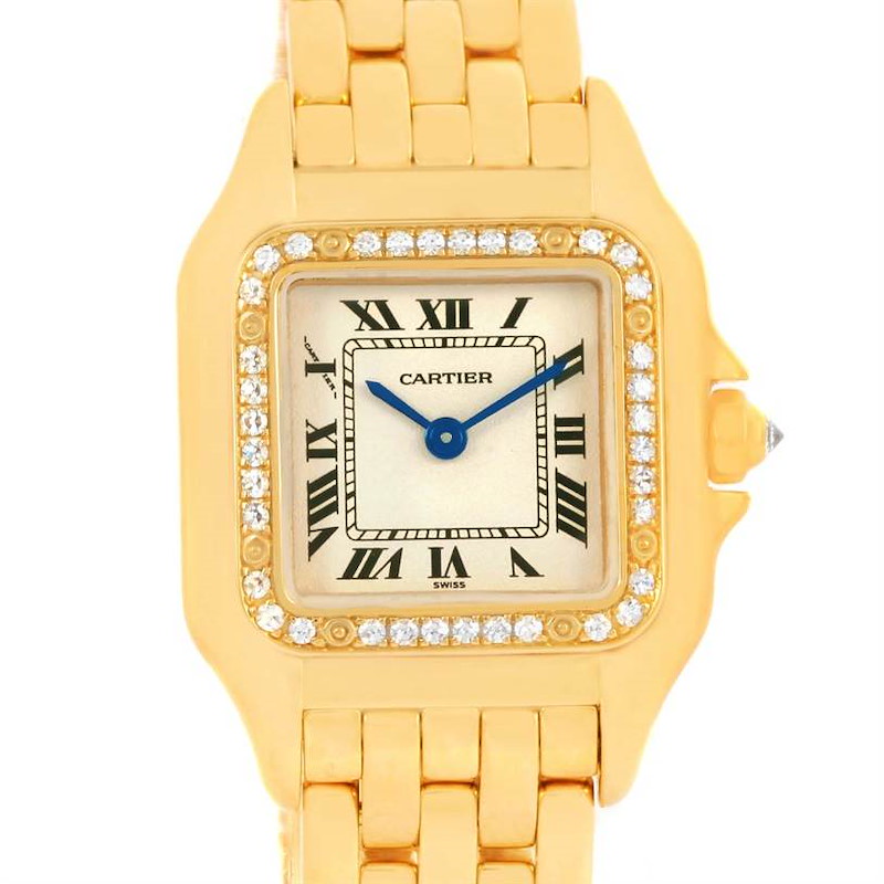 The image shows a Panthere de Cartier watch from a front angle, highlighting its gold case, diamond bezel, and bracelet.