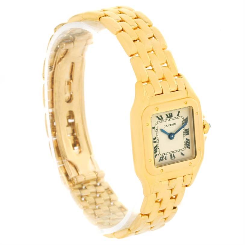 The image shows a side angle of a Cartier Panthere W25022B9 Women's Yellow Gold Silver Dial W25022B9 Women's Yellow Gold Silver Dial watch, highlighting the gold bracelet and square watch face with Roman numerals.