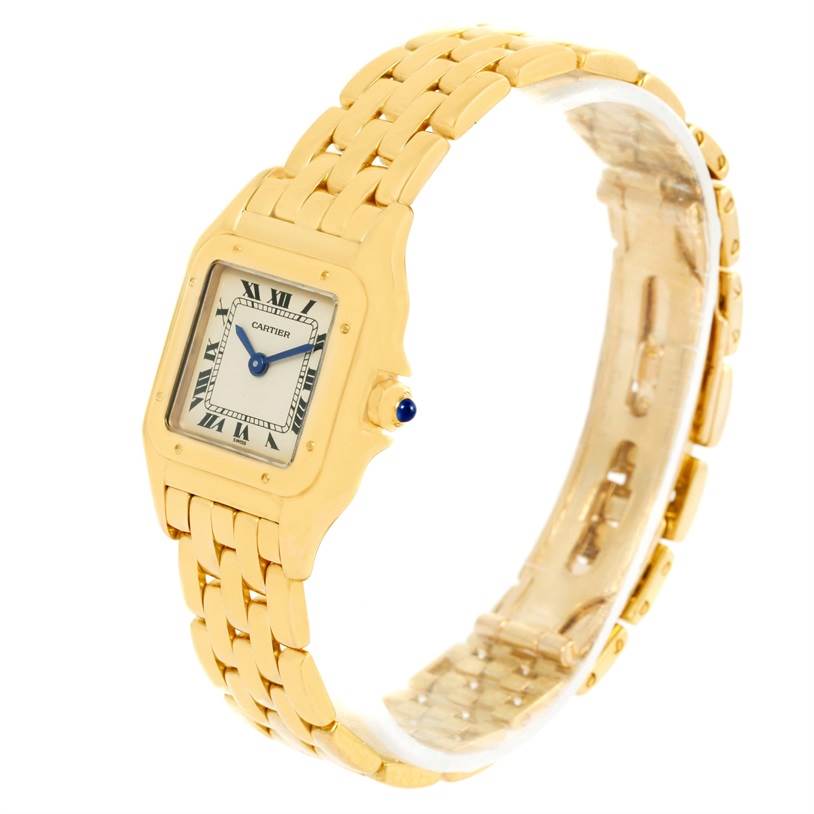 The image shows a Cartier Panthere W25022B9 Women's Yellow Gold Silver Dial W25022B9 Women's Yellow Gold Silver Dial watch at a slight angle, highlighting its gold bracelet, case, and face with Roman numeral indices.