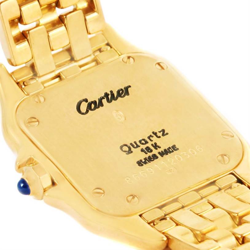 The image shows the back case, crown, and part of the bracelet of the Cartier Panthere W25022B9 Women's Yellow Gold Silver Dial W25022B9 Women's Yellow Gold Silver Dial watch.