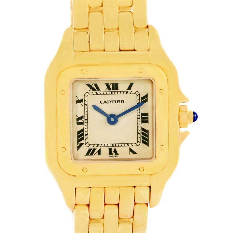 This image shows a close-up of the Cartier Panthere W25022B9 Women's Yellow Gold Silver Dial W25022B9 Women's Yellow Gold Silver Dial watch face and part of the bracelet, highlighting the case, dial, and hands.